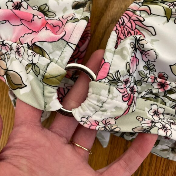NEW NWT MOSSIMO Ring Halter Triangle Bikini Top Green Pink White Floral JRS ? XL - Picture 6 of 14